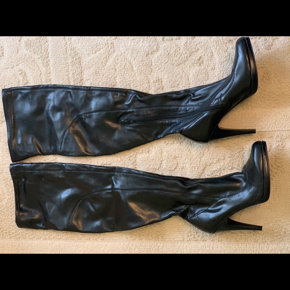 Black Faux Leather Spike Heeled Dress Boots
